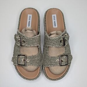 Steven Madden Karrigan Raffia Slide Sandal Green Tan Women's Size 10
